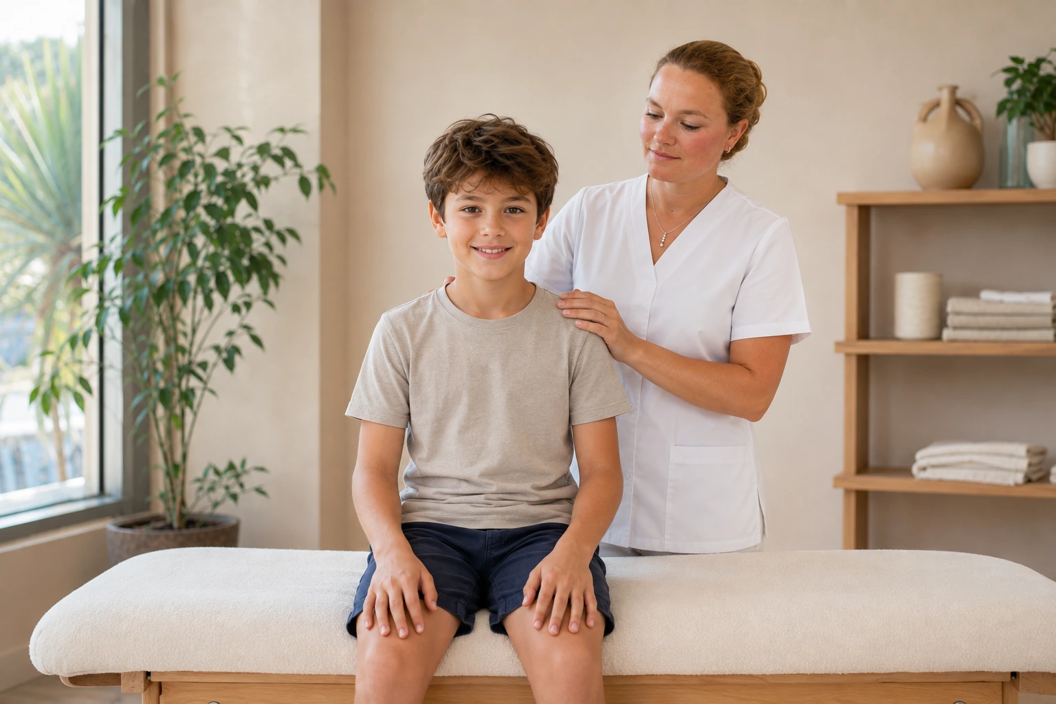 Enfant assis sur la table de consultation, épaule accompagnée par l’ostéopathe