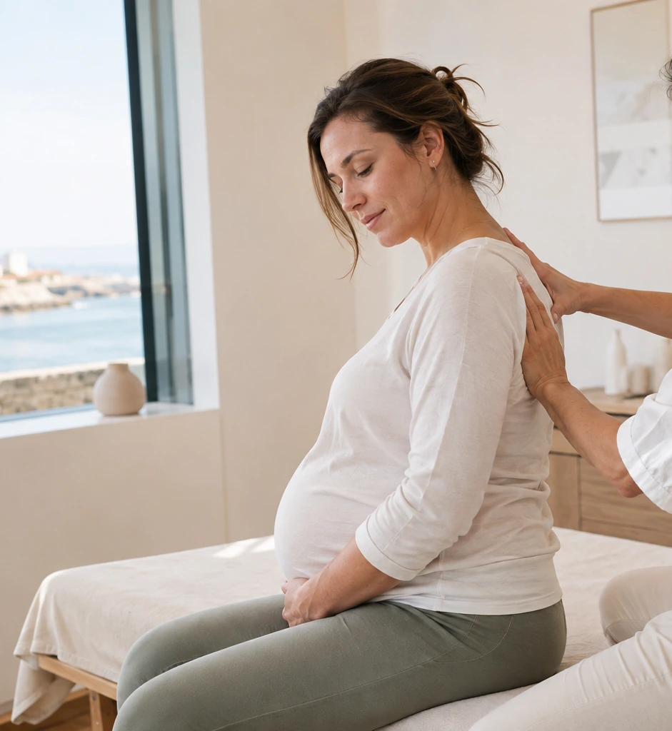 Femme enceinte assise de profil, dos accompagné par l’ostéopathe