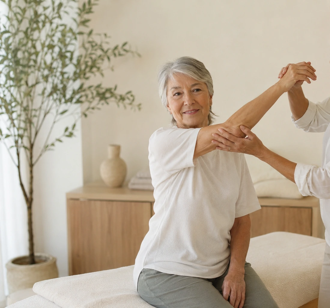 Femme senior assise, bras mobilisé en douceur par l’ostéopathe